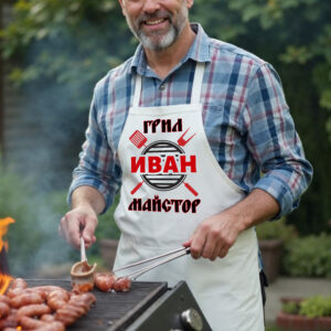 Персонализирана престилка за мъж с надпис 'Грил Майстор' и име по избор